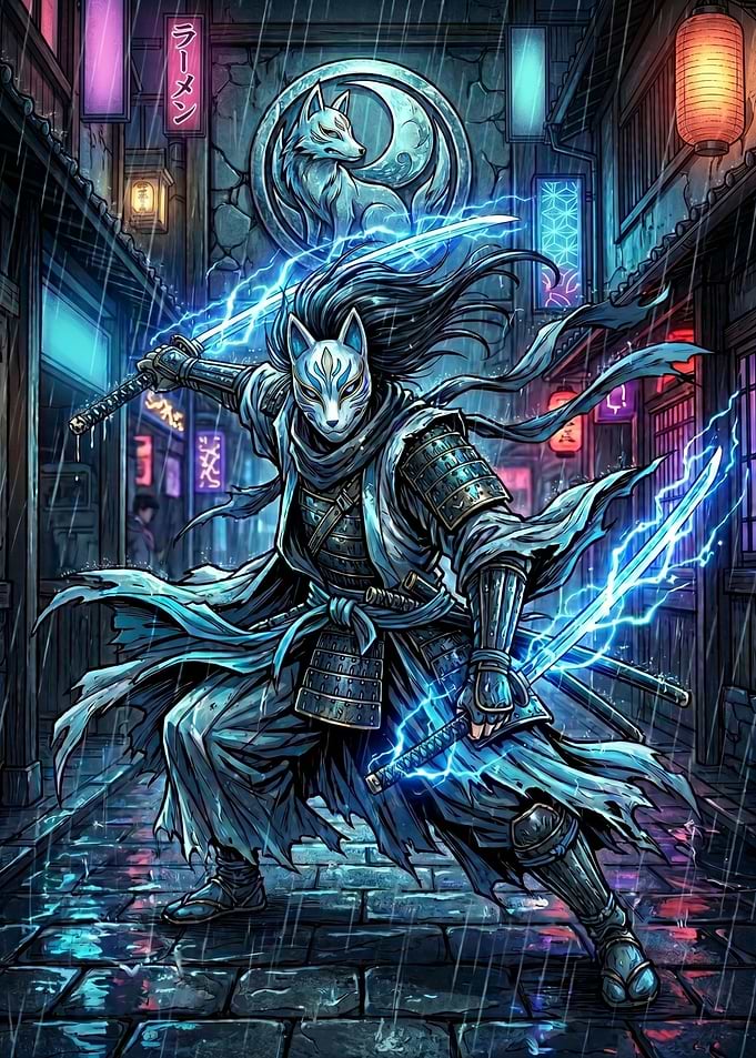 Kitsune Samurai in Neon Alley