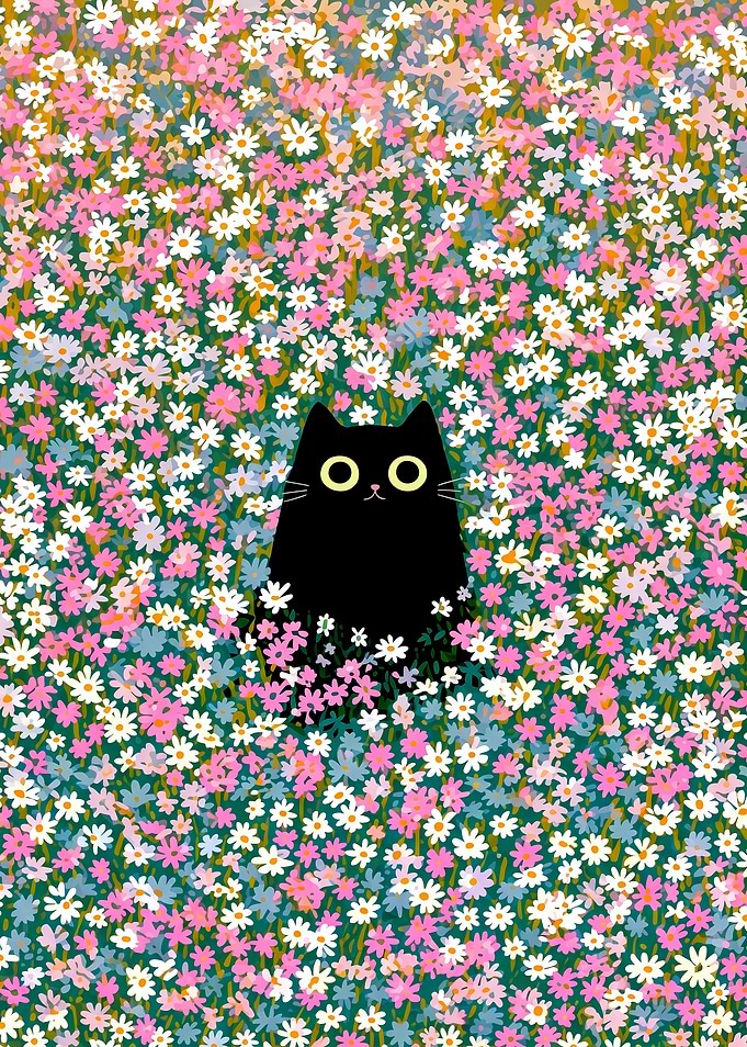Black Cat in a Field of Flowers