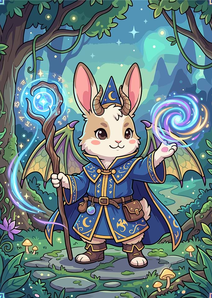 Bunny Wizard Casting Spells in Forest