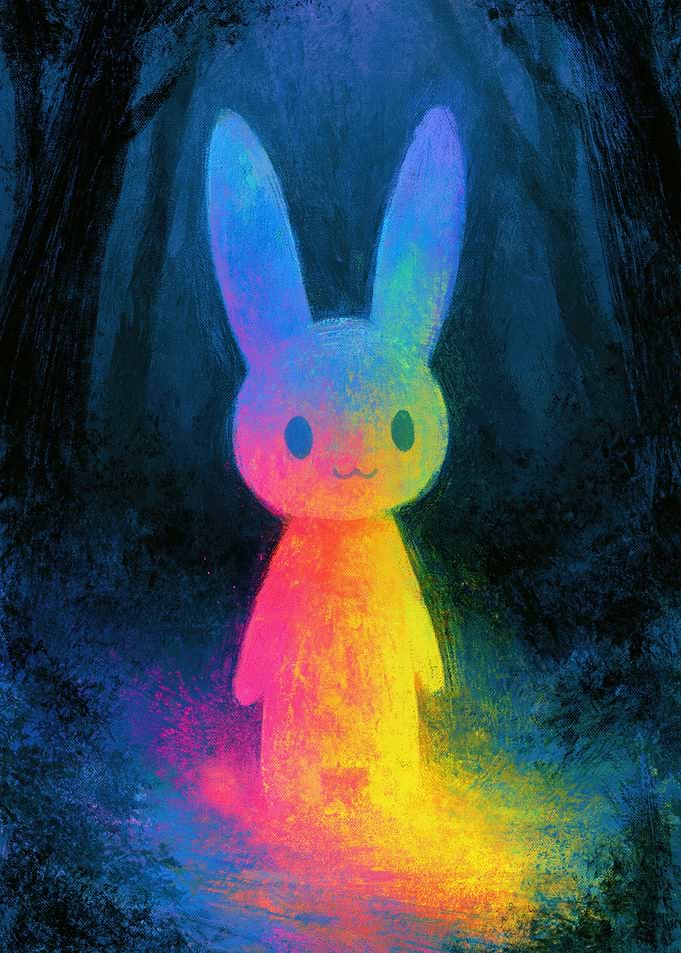 Rainbow Bunny in Dark Forest