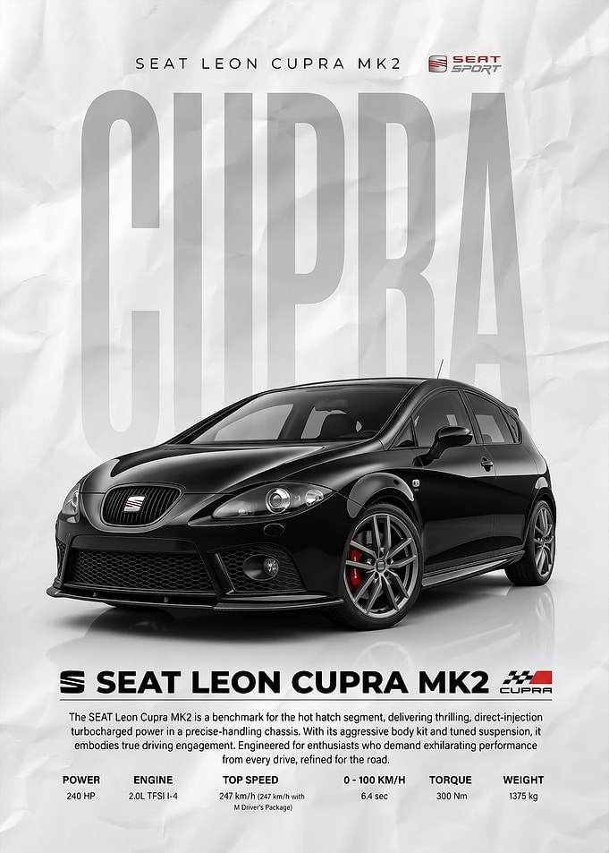 sleek black SEAT Leon Cupra 2 car poster