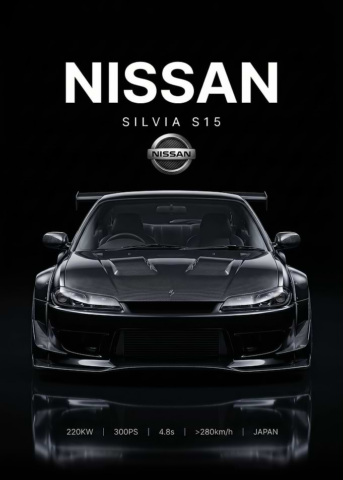 sleek black Nissan Silvia S15 jdm Specs car poster