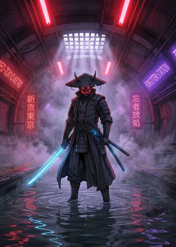 Cyberpunk Samurai in Neo-Tokyo Metro