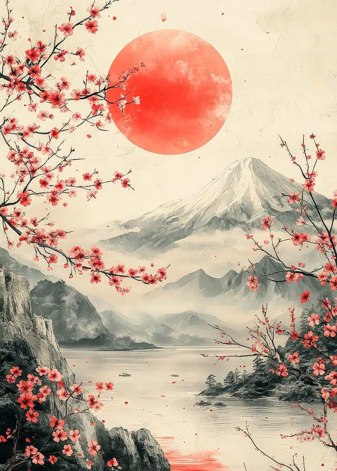 Japanese Landscape with Cherry Blossoms