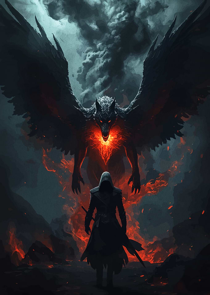 Warrior facing a fiery winged beast