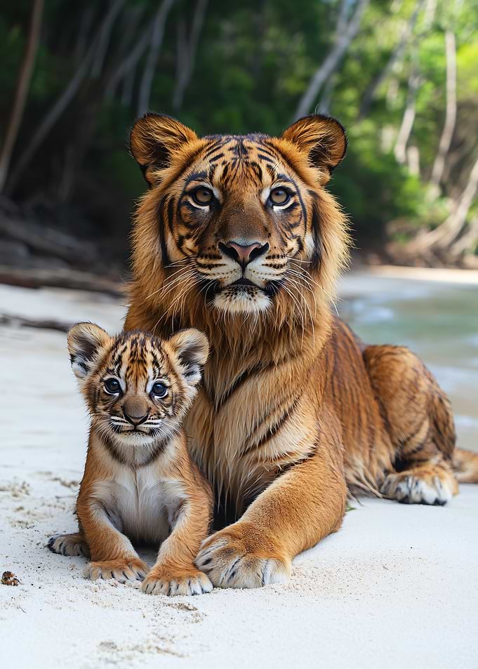 Tiger Mother and Cub on Beach