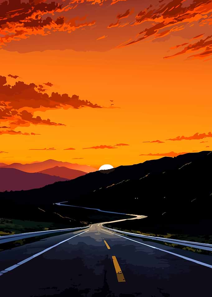 Sunset over winding mountain road