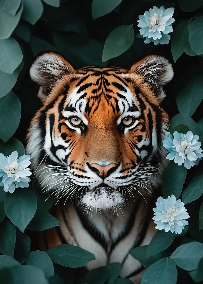 Tiger Face Among Flowers and Leaves