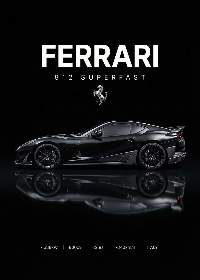 sleek black Ferrari 812 Superfast side view car poster