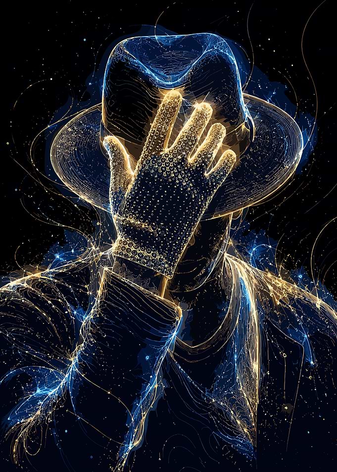 Mysterious Figure in Glowing Hat and Glove