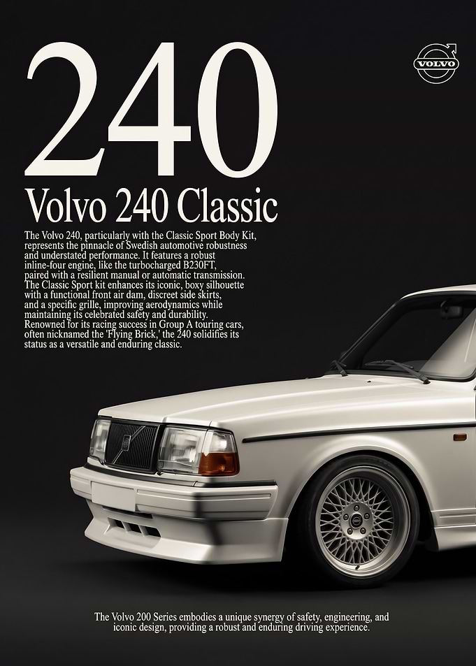 sleek white Volvo 240 Classic Car Poster