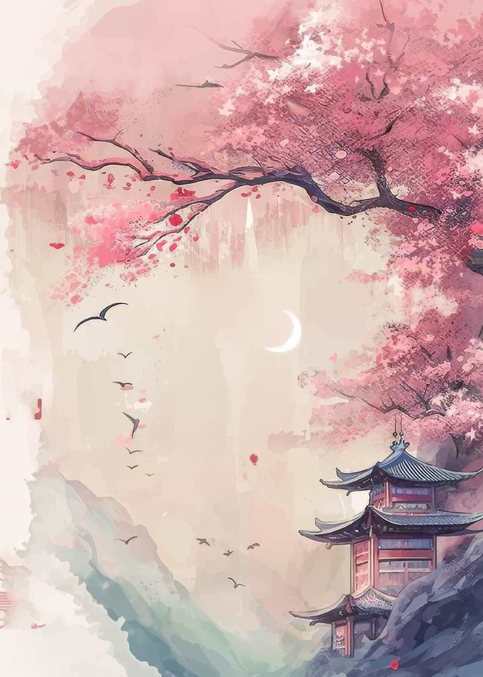 Serene Japanese Pagoda Under Cherry Blossoms