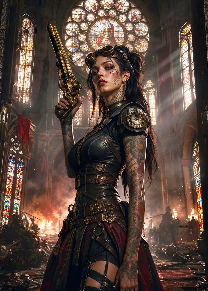 Steampunk Woman with Gun in Burning Church