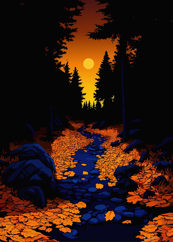 Autumn forest stream at sunset
