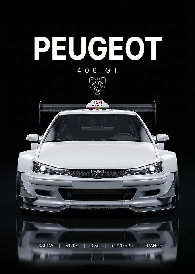 race white iconic Peugeot 406 GT Taxi car poster