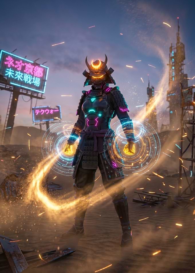 Cyberpunk Samurai in Neon Cityscape