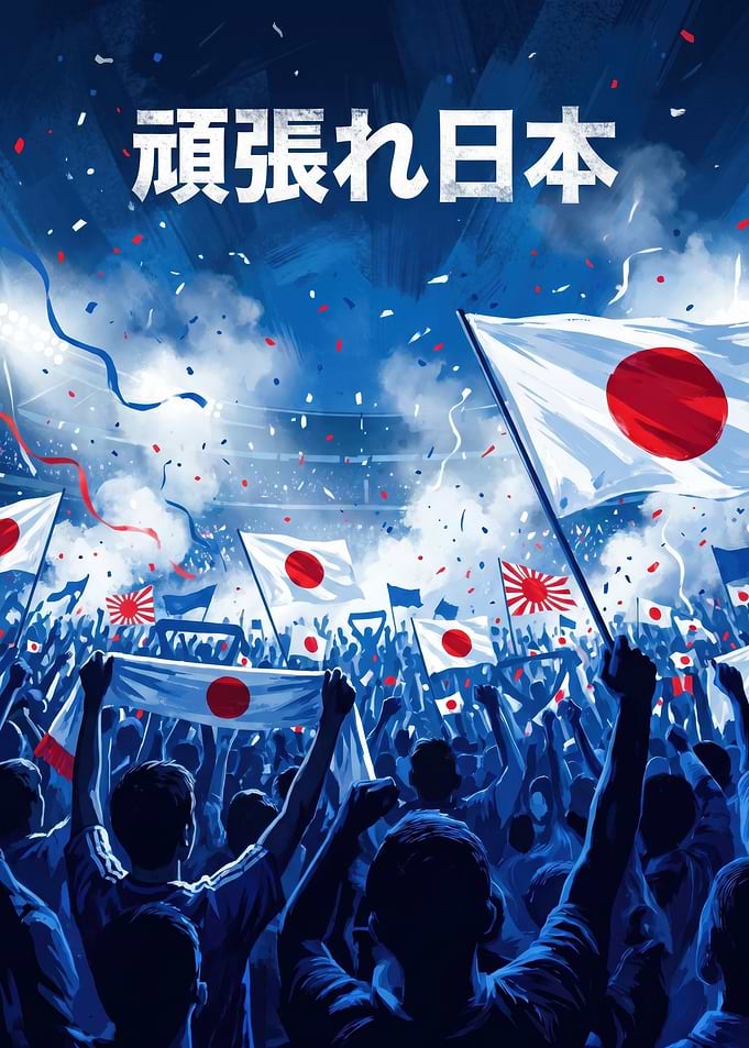 Japanese Fans Cheering with Flags