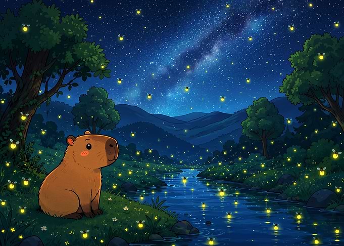 Capybara by a Firefly River at Night