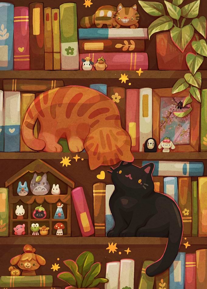 Cute Cats and Studio Ghibli Figures on Bookshelves