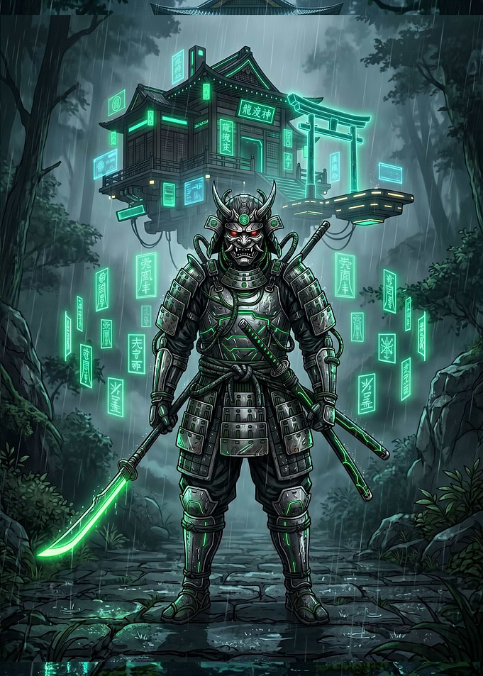 Cyberpunk Samurai in a Digital Forest