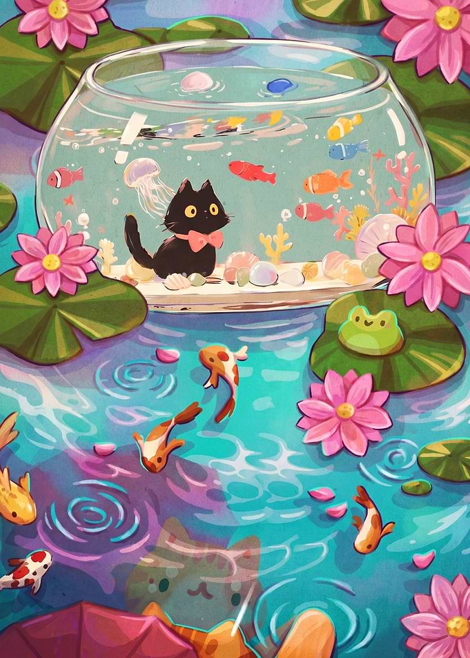 Cute Cat and Fish in a Pond