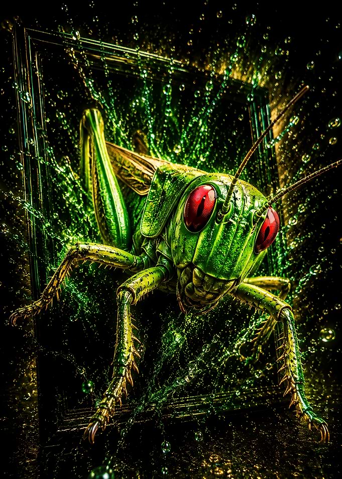 Green Grasshopper with Red Eyes