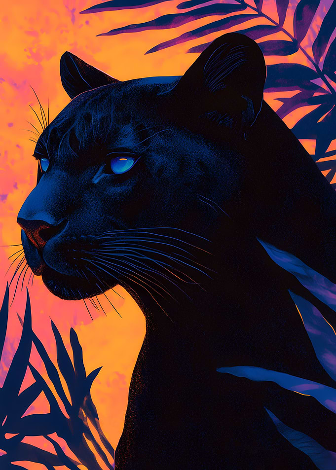 Aesthetic Sunset Neon Leaves Jaguar Poster