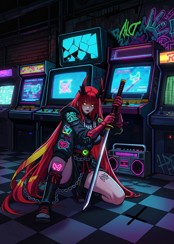Cyberpunk Oni with Katana in Arcade