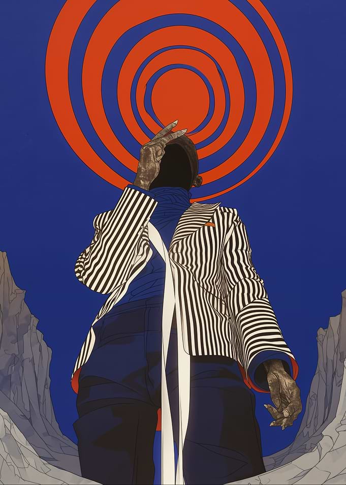Figure in Striped Jacket and Blue Pants
