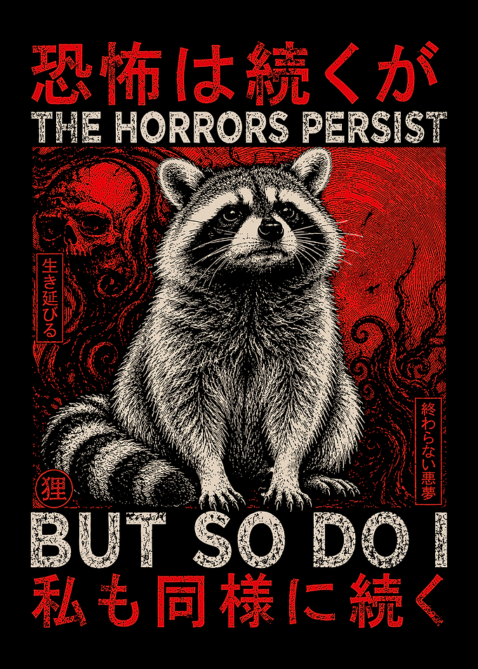 The Horrors Persist Raccoon Japanese Horror Wall Art Gothic Animal Poster