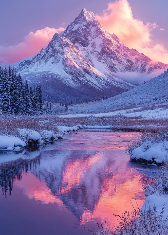 Snowy Mountain Reflection at Sunset