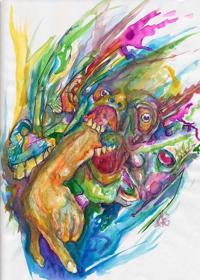 Abstract Watercolor Monster with Hand