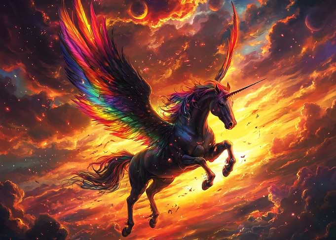 Rainbow Winged Unicorn in Fiery Sky