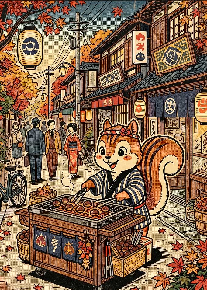 Cute Squirrel Grilling Chestnuts in Autumn Japan