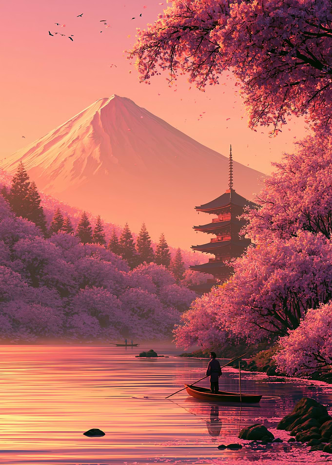 Serene Japanese Landscape with Pagoda and Cherry Blossoms