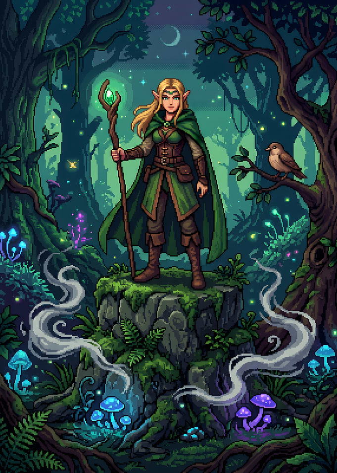 Pixel Art Elf Sorceress in Enchanted Forest