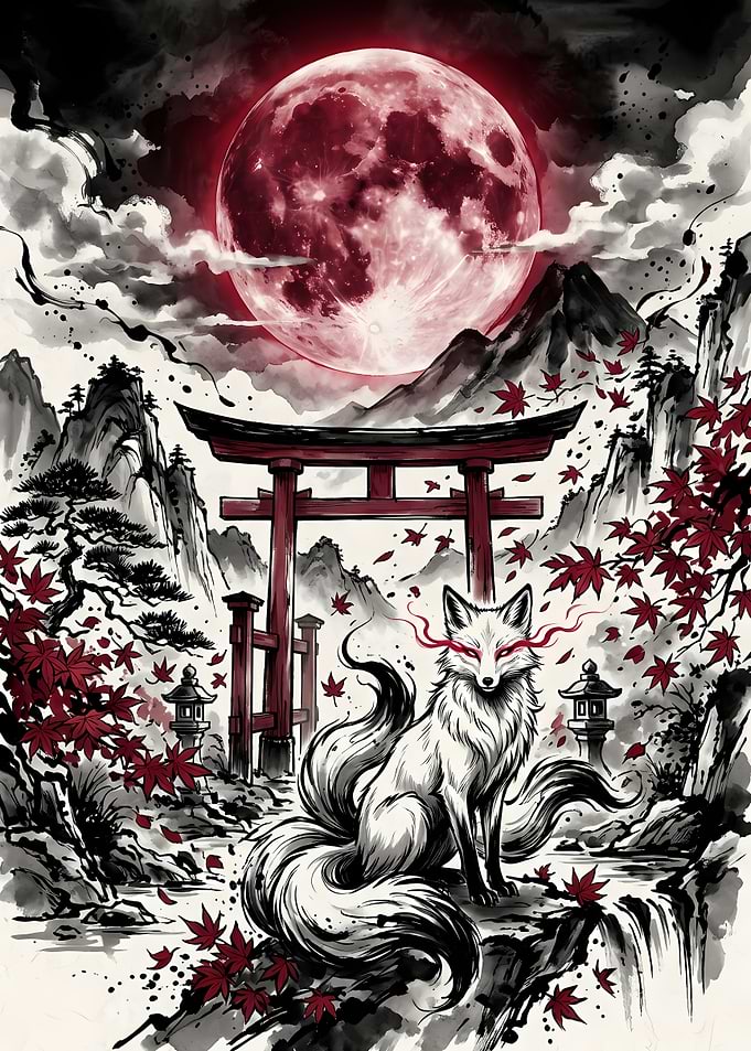 Nine-Tailed Fox Shrine Under Red Moon