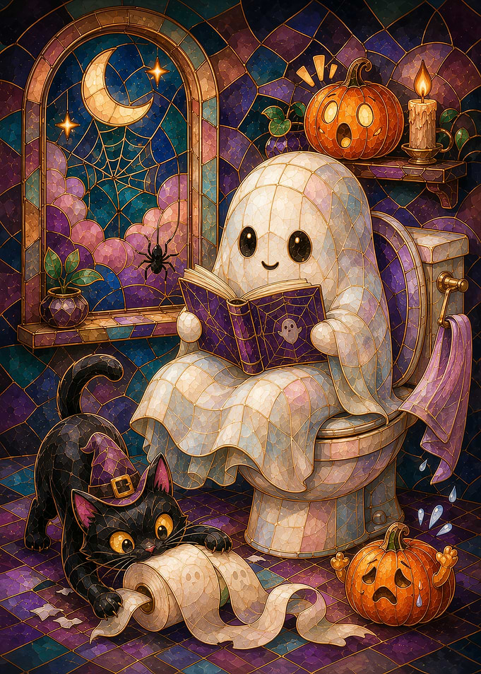 Cute Halloween Ghost Reading on Toilet
