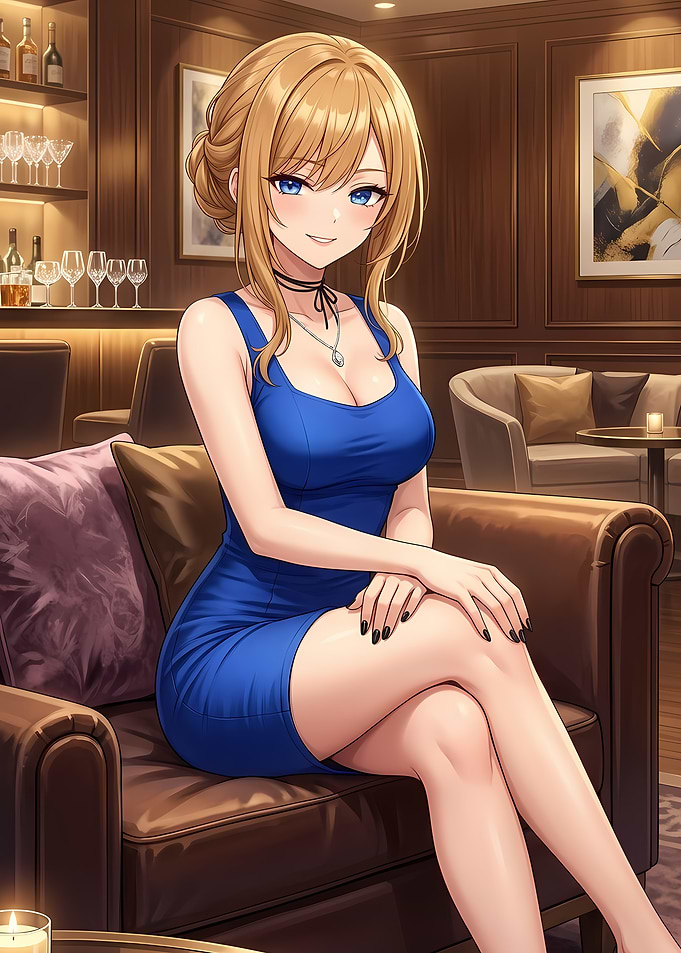 Anime Girl in Blue Dress at Bar