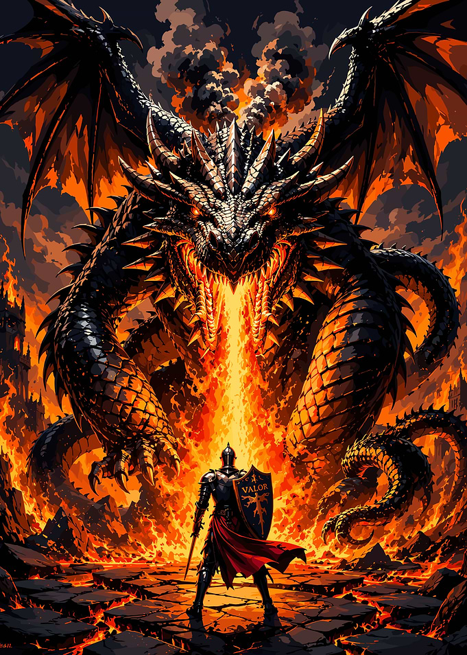 Knight vs Dragon in Fiery Battle