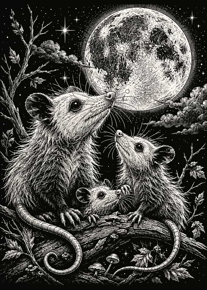 Moonlit Opossum Family Poster Woodland Wildlife Wall Art Black and White