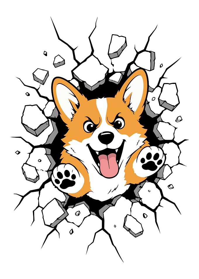 Corgi Crashing Through a Wall