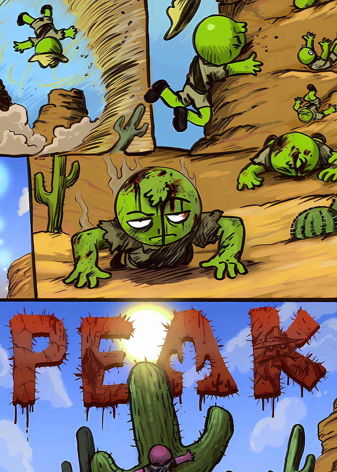 Green characters struggling in a desert
