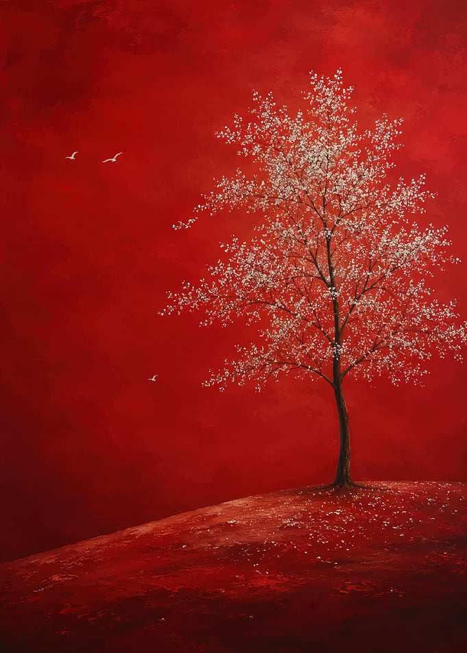 Red Cherry Blossom Tree with Birds