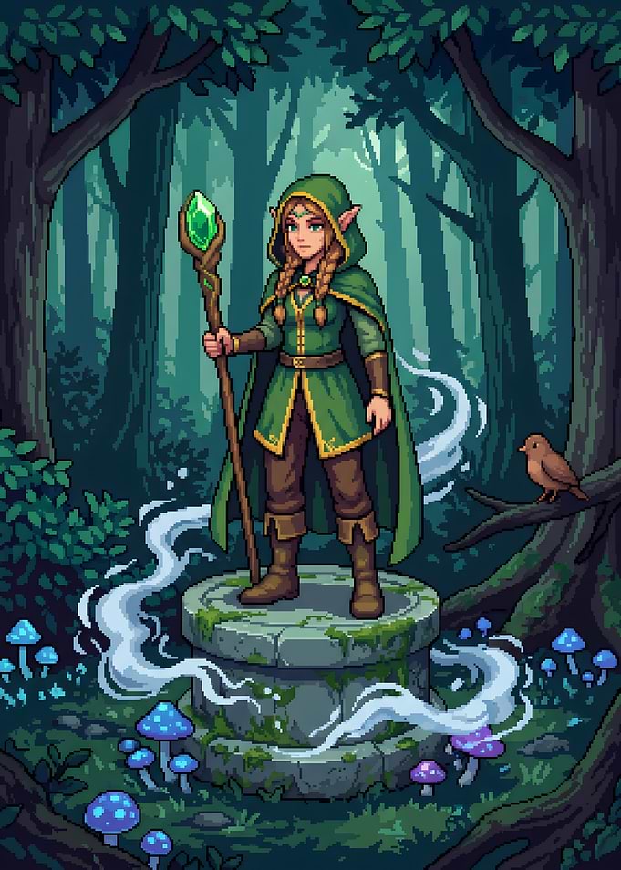 Pixel Art Elf Sorceress in Forest
