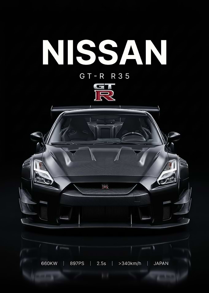sleek black GT-R R35 Carbon Fiber car poster