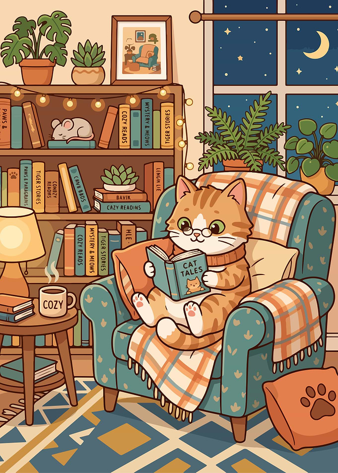 Cat Reading a Book in a Cozy Chair