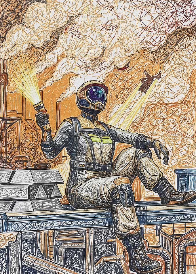 Sci-fi worker with flashlight in industrial setting