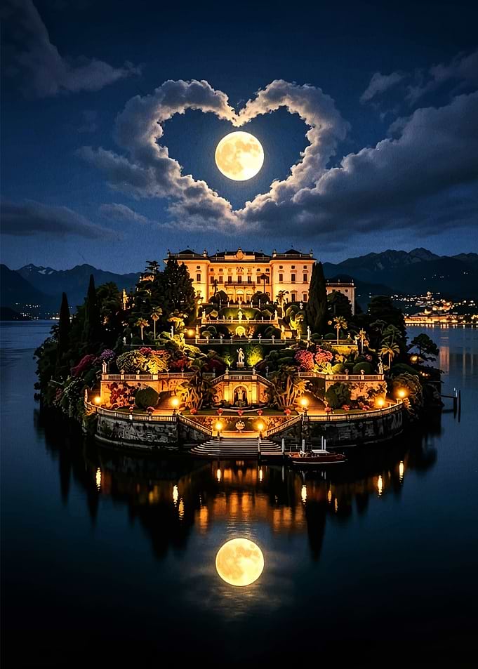 Enchanting Island Palace Under Heart-Shaped Moon