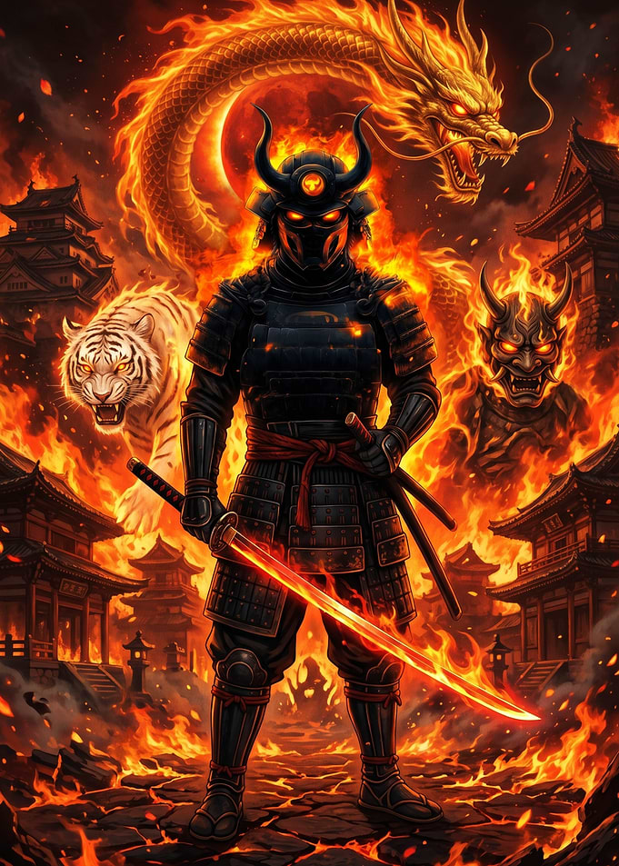 Fiery Samurai Warrior with Dragon and Tiger